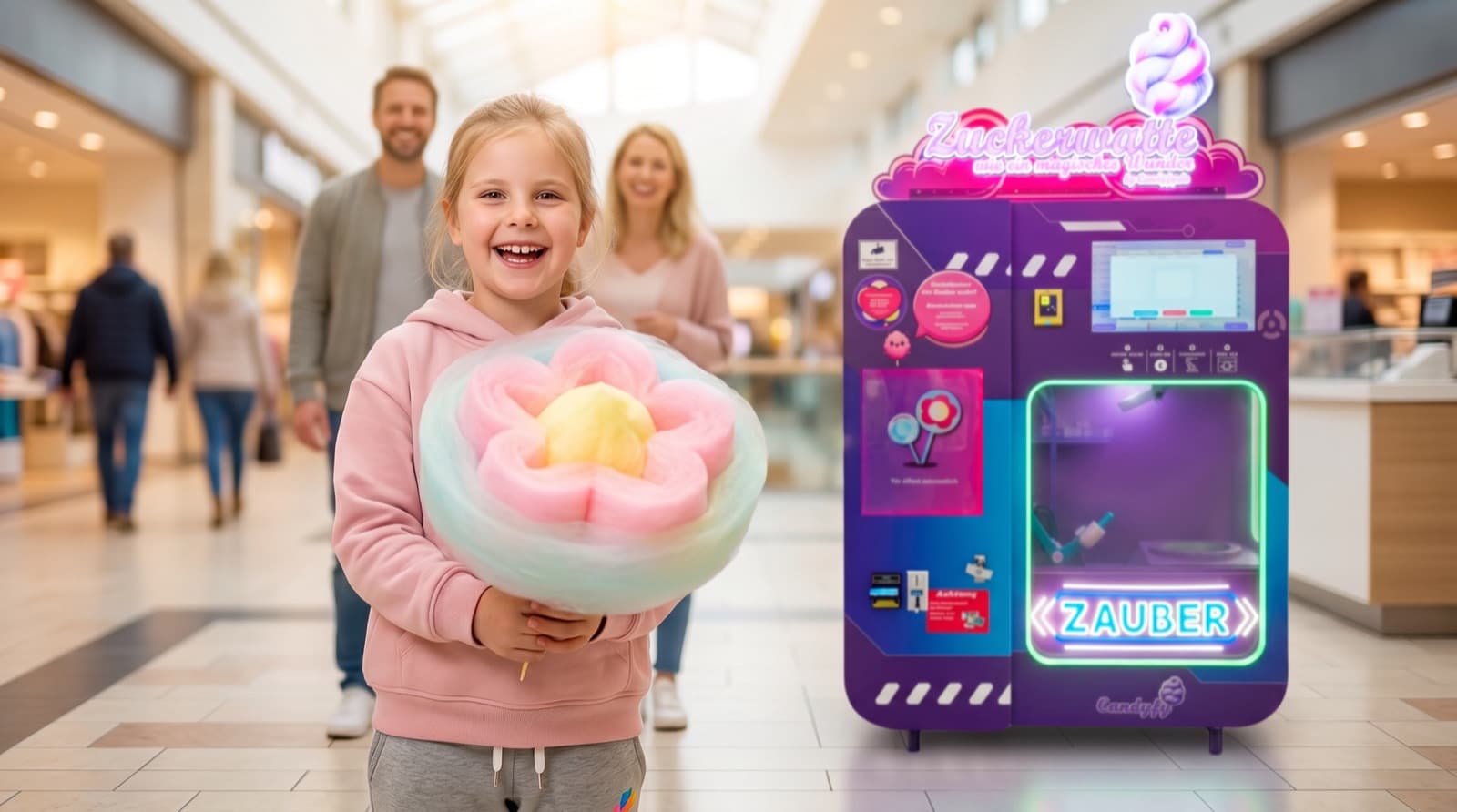 Lachendes Kind hält bunte Zuckerwatte vor dem Candyfy-Automat