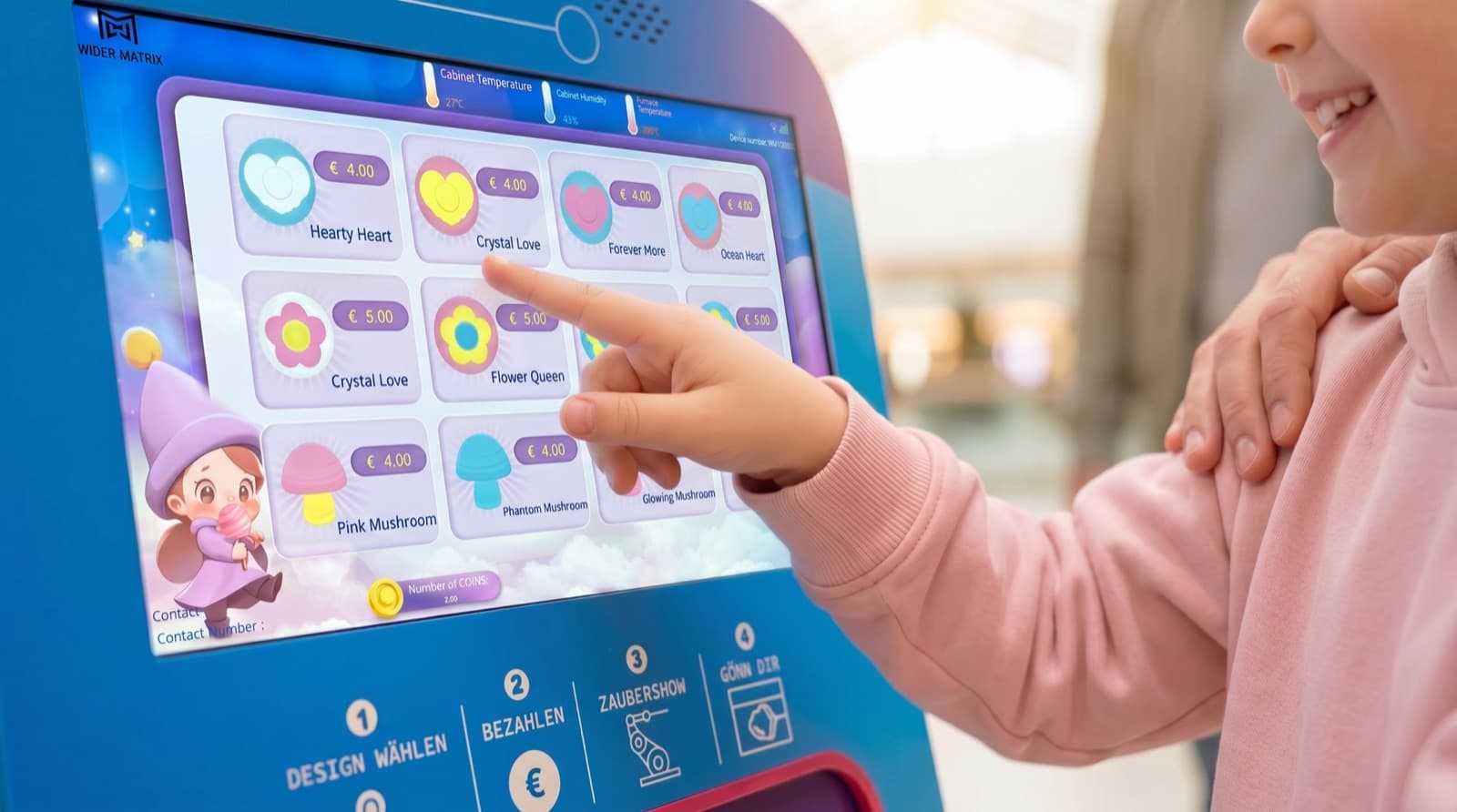 Kind tippt auf den Touchscreen des Candyfy-Automaten